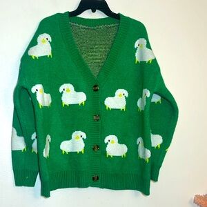 Button Front Lamb Sheep Knit Cardigan Sweater Green White